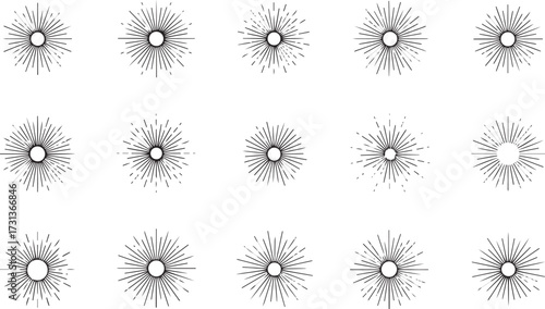 Collection of sunburst vector shapes simple line art design elements isolated on white background for graphic design projects