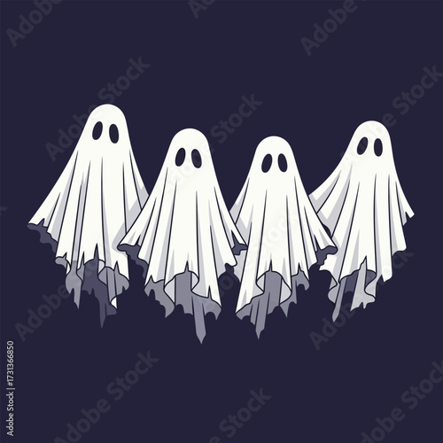 Four cartoon ghosts with white sheets and dark eye holes float against a dark blue background.