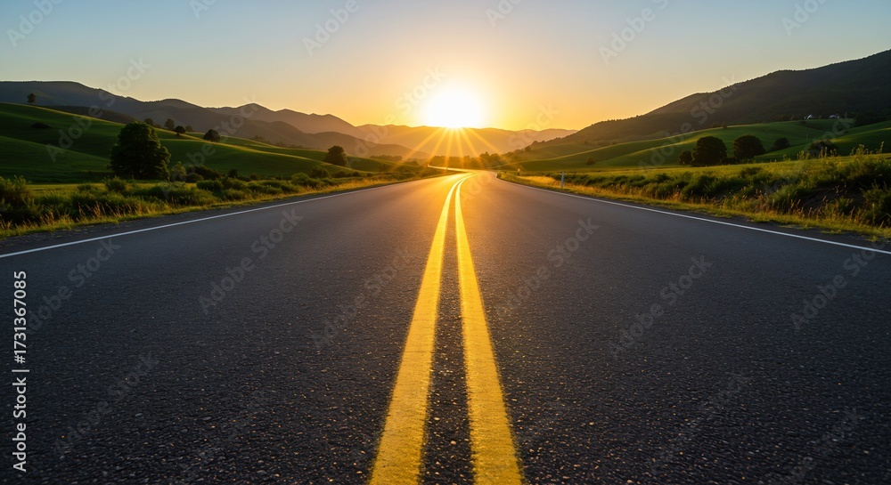 Fototapeta premium Empty Asphalt Road Leading Through Scenic Green Mountains at Sunset with Vibrant Sun Rays