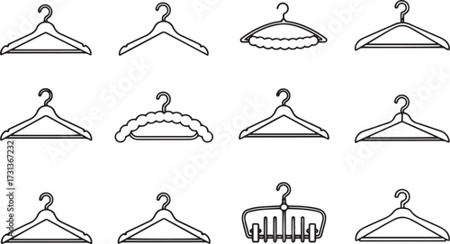 Collection of various clothes hanger icons simple line art vector design isolated on white background