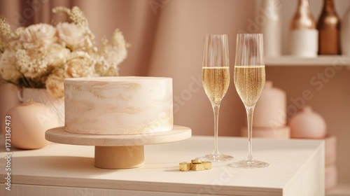 Chic celebration setting with a minimalist cake, champagne flutes, and subtle decor elements, modern and stylish atmosphere
