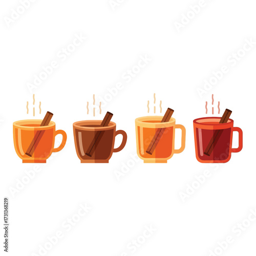 Four colorful mugs of warm beverages with cinnamon sticks, steam rising.