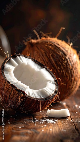 Close Up of Half Coconut with White Flesh on Wooden Surface with Second Coconut in Background and Studio Lighting