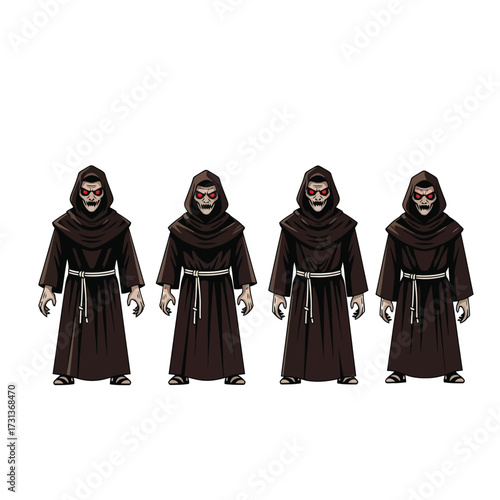 Four figures in dark robes with menacing red eyes, standing against a white background.