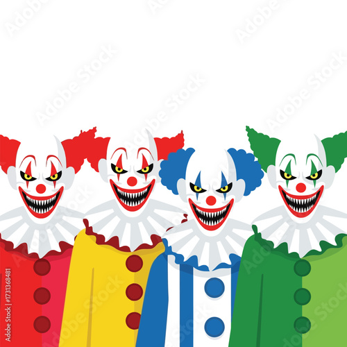 A group of four cartoon clowns with menacing expressions and colorful outfits.