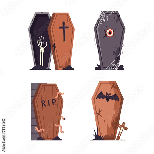 Four Halloween coffins are shown, one with a skeleton hand, another with an eye, one with worms, and one with a bat.