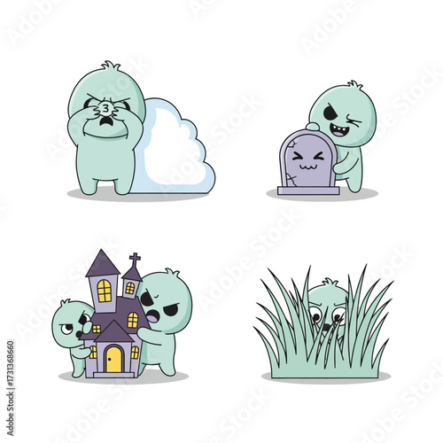 Four cartoon monsters display different emotions and interact with a cloud, tombstone, haunted house, and tall grass.