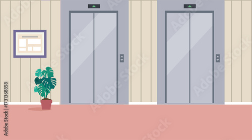 Elevator Hallway. Apartment Elevator Lobby with Mailboxes, Notice Board, and Staircase. A residential corridor. The interior of the 1st floor. Vector illustration of the interior of a room