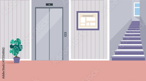 Elevator Hallway. Apartment Elevator Lobby with Notice Board, and Staircase. A residential corridor. The interior of the 1st floor. Vector illustration of the interior of a room, corridor or hallway f