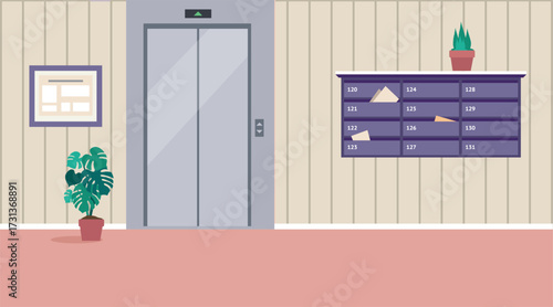 Elevator Hallway. Apartment Elevator Lobby with Notice Board, and Staircase. A residential corridor. The interior of the 1st floor. Vector illustration of the interior of a room, corridor or hallway f