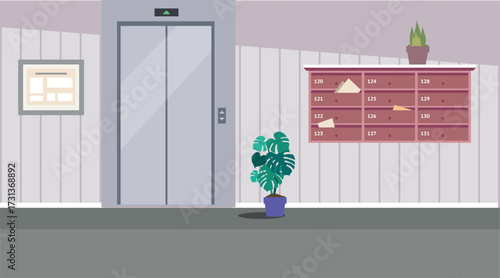 Elevator Hallway. Apartment Elevator Lobby with Notice Board, and Staircase. A residential corridor. The interior of the 1st floor. Vector illustration of the interior of a room, corridor or hallway 