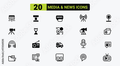 Media and News  icon set line art. Media icon, News icon, cinema icon etc. 