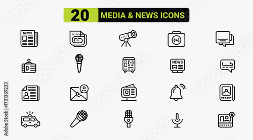 Media and News  icon set line art. Media icon, News icon, cinema icon etc. 