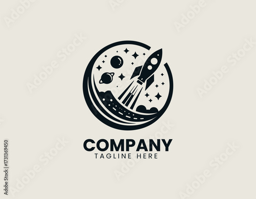 Vector logo shows rocket flying among planets and stars with futuristic space design
