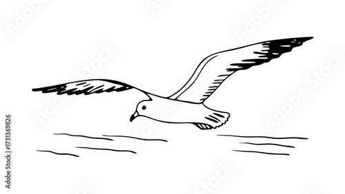Illustration of a seagull flying over water with its wings spread in a monochrome drawing style created with generated ai 