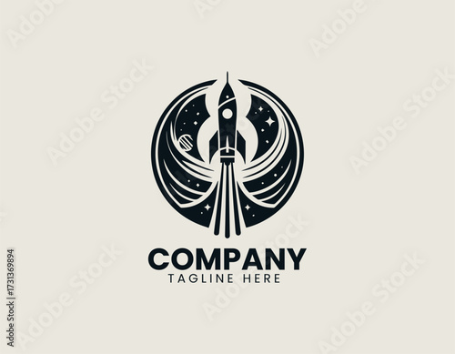 Vector logo shows rocket flying among planets and stars with futuristic space design