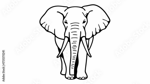 Illustration of an elephant facing forward with large ears and tusks in black and white outline style created with generated ai 