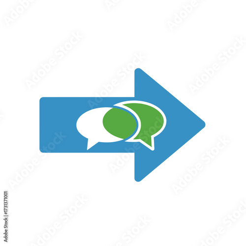 Blue arrow with speech bubbles indicating communication or progress.