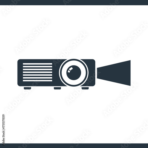 A digital projector emits a beam of light against a white background.