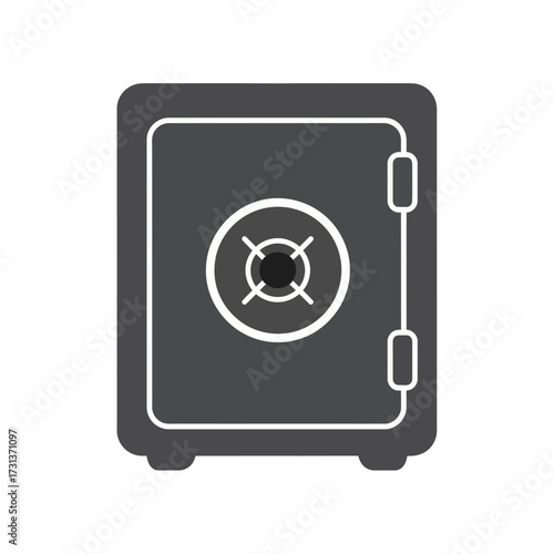 A grey safe with a circular dial and handle.
