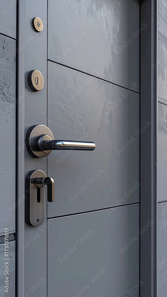 Obraz premium Close Up of Grey Door with Steel Handle and Lock in Modern Minimalist Style Architecture with Natural Lighting and Horizontal Paneling Detail