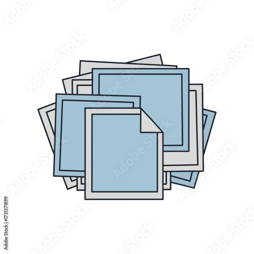 Stack of blue documents with white pages and gray borders.