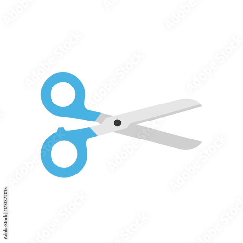 Blue handled scissors with white blades on a white background.
