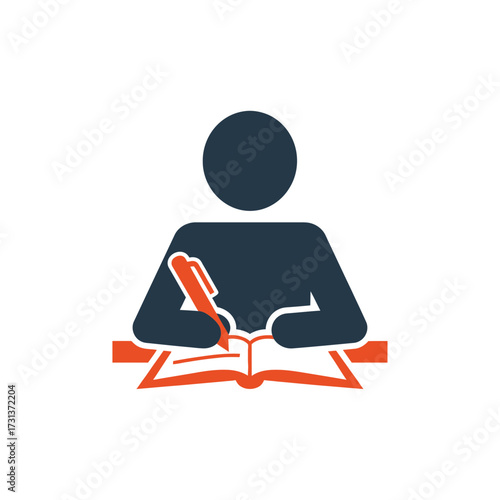 Person writing with a quill pen in an open book.