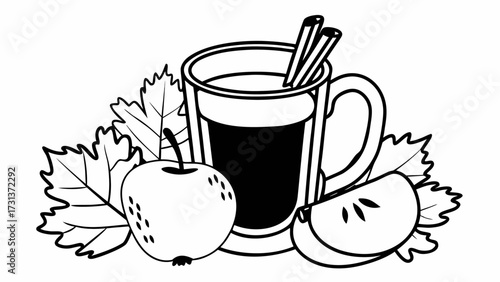 A mug of cider with cinnamon sticks, whole apple and apple slice with autumn leaves around it created with generated ai 