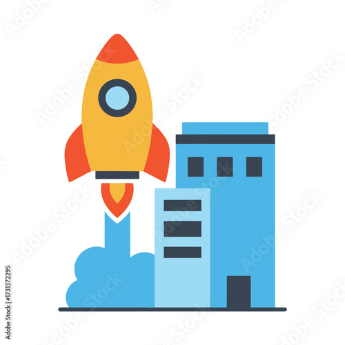 Rocket launching from behind modern buildings.