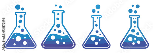 A set of four Erlenmeyer flasks filled with a bubbling blue liquid, illustrating a chemical reaction or experiment.