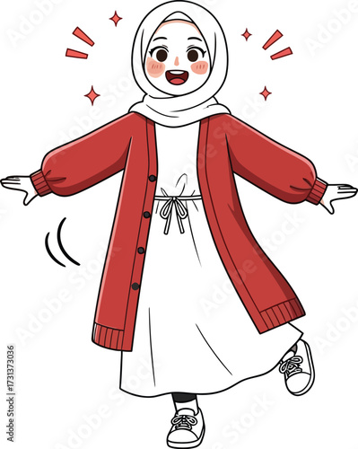 Cheerful muslim girl with hijab and red cardigan, cartoon character