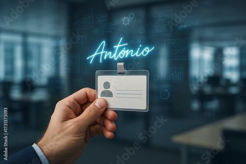 Employee Identification: Close-up of a hand holding a clear name tag in a modern office setting, reflecting the idea of professional identity and workplace recognition. 