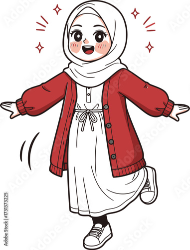 Happy muslim girl wearing hijab and red cardigan on a white background