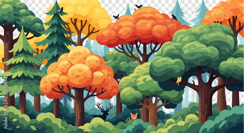 Vibrant autumn forest illustration. Diverse trees display brilliant fall colors and lush green. Subtle deer and fox in tranquil woodland scene