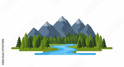 Majestic mountain range with lush green forest and winding blue river under a clear sky, a serene natural landscape illustration