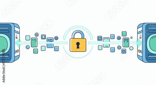 Illustrative representation of secure digital data exchange with blockchain technology, ensuring network protection and encrypted information flow between connected servers