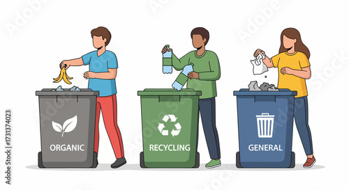 Recycling concept illustration showing people sorting waste into bins for organic, recycling, and general trash