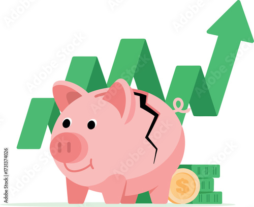 Conceptual illustration of a cracked piggy bank symbolizing financial instability and the high risk to personal savings during an economic recession with a rising inflation graph