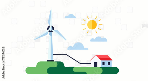 Sustainable energy concept wind turbine powering a house with solar energy and clouds in a green landscape