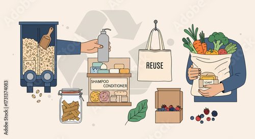 Sustainable living concept with zero waste shopping and reusable items