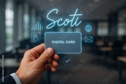 Digital Card in Hand: A close-up shot showcases a sleek digital card, held securely in hand, illuminated by the soft glow of the interior. The card is the central focus.