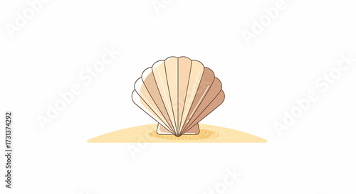 Stylized illustration of a seashell resting on a sandy beach, evoking a sense of coastal tranquility and summer vacation vibes