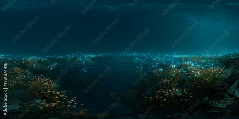 Fototapeta premium Glistening underwater nightscape ocean depths hdr panorama ethereal environment