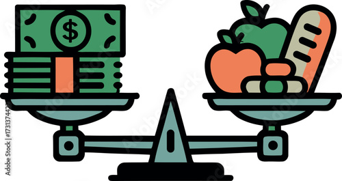 A conceptual illustration of scales balancing the high cost of food and groceries against income during a global economic recession