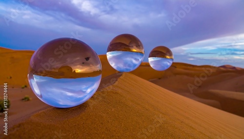 Desert scene reflected in three glass spheres