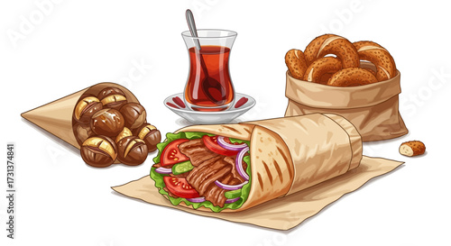 A traditional meze platter featuring assorted dips like hummus, stuffed grape leaves, pita bread, and a glass of arak