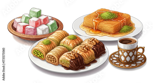 Traditional Turkish Desserts and Coffee Baklava, Kunefe, Lokum Illustration