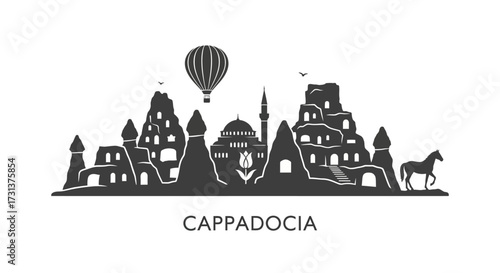 Iconic Cappadocia Turkey silhouette with hot air balloons and unique rock formations vector art