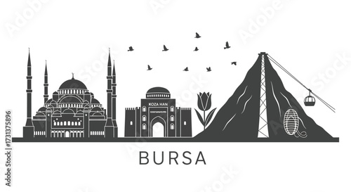 Bursa Turkey City Skyline Silhouette Vector with Iconic Landmarks and Mountain